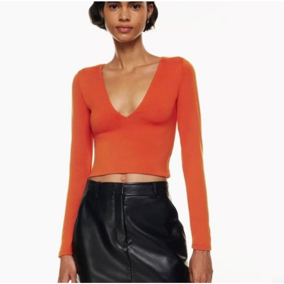ARITZIA BABATON Contour Long Sleeve V-Neck Crop Top L Burnt Orange - Picture 1 of 6